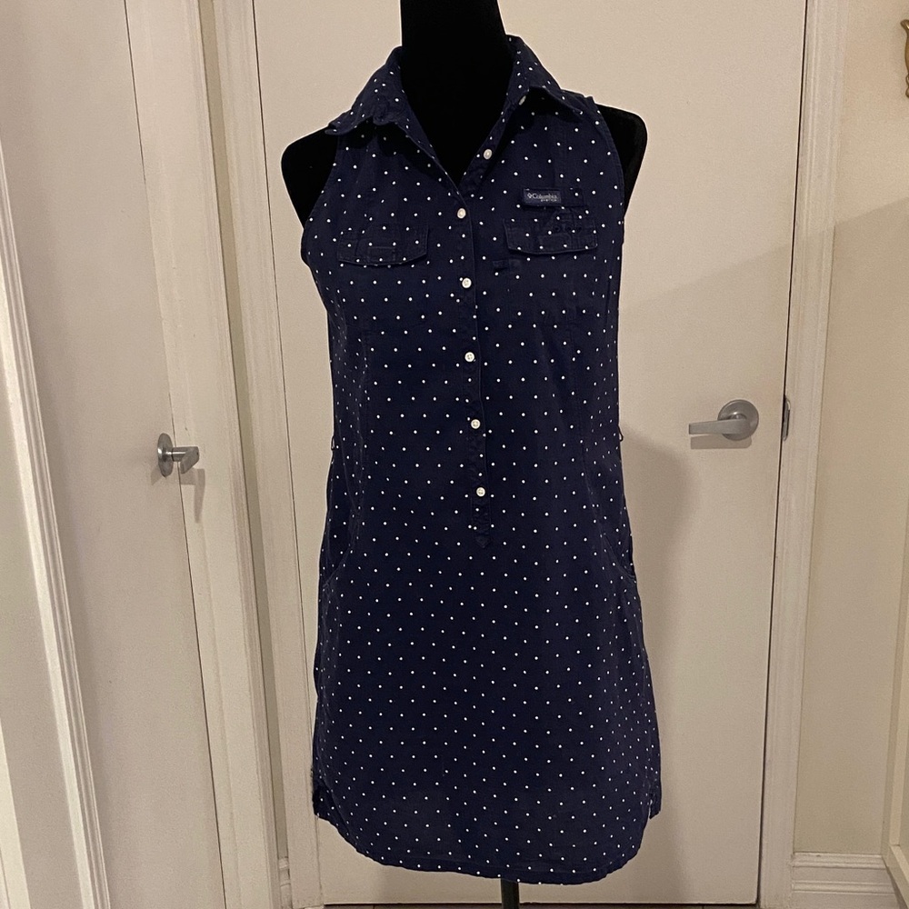 Columbia Super Bonehead Navy & white Polka Dot sleeveless short dress Size Small